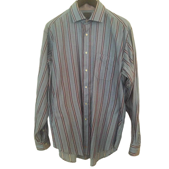 Thomas Dean Men’s Blue Striped Reverse Cuff Button-Down Shirt - Size Large - Picture 1 of 6
